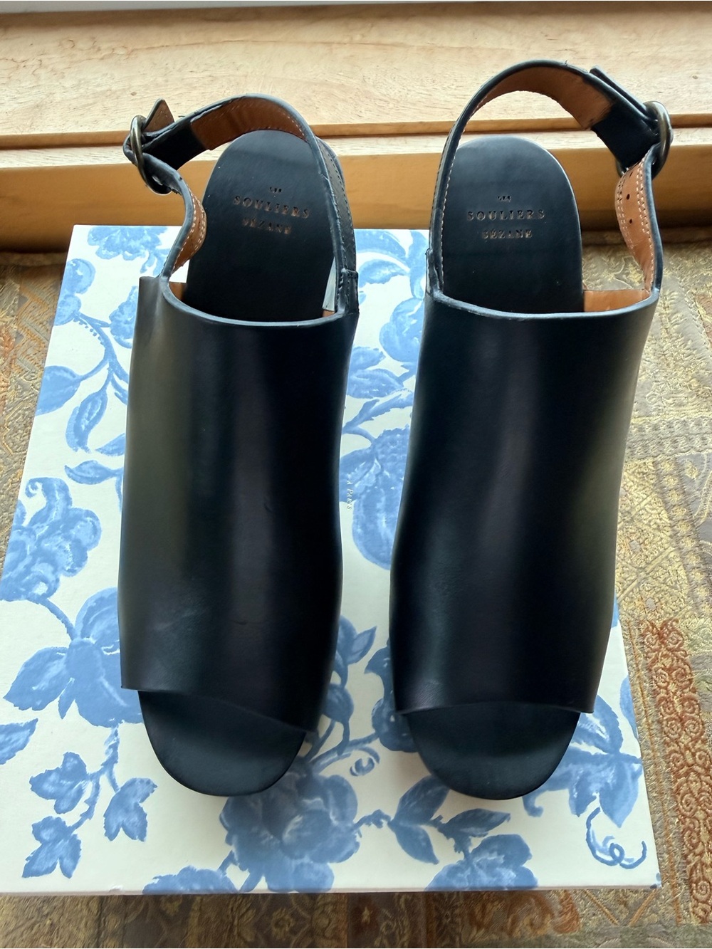Sezane Black Leather Open-Toe Slingback Sandals